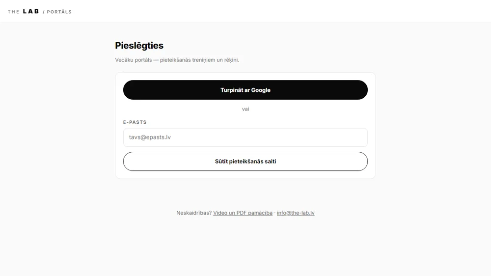 Pieslēgšanās ekrāns ar Google pogu un e-pasta lauku
